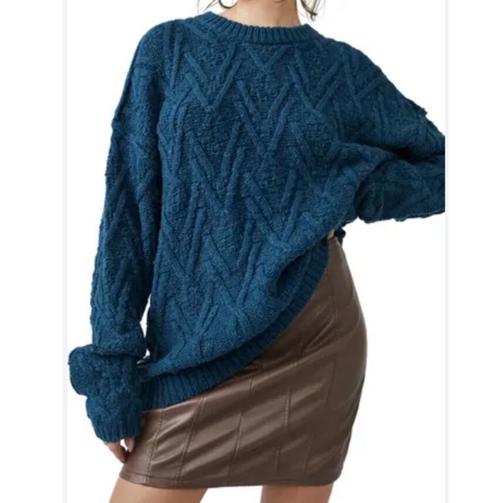 Free People Blue Crew Neck Cable Knit Sweater